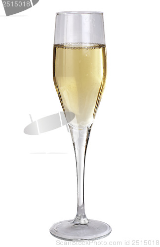 Image of Studio photography of a champagne glass half filled, isolated on white 