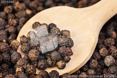 Image of black pepper on wooden spoon as food  background