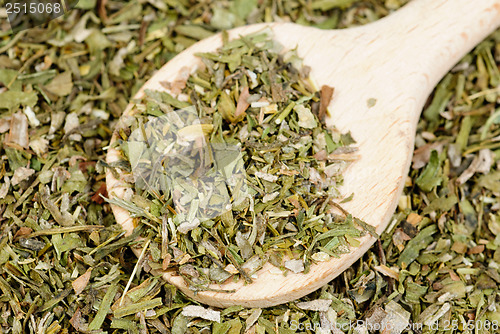 Image of Dried  estragon spice  and wooden spoon  as  food  background