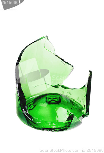 Image of Shattered green beer bottle isolated on the white background