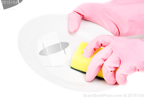 Image of hands in glove with latex  holding sponge add bowl isolated on white 
