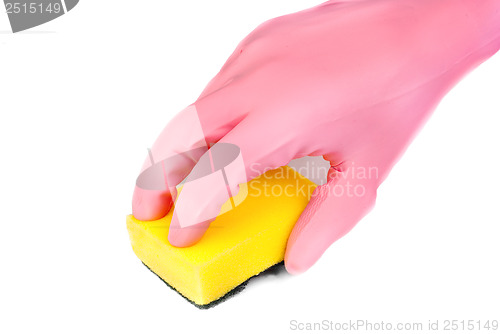 Image of hands in glove with latex  holding sponge add bowl isolated on white 