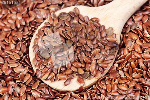 Image of close up of flax seeds and  wooden spoon food background