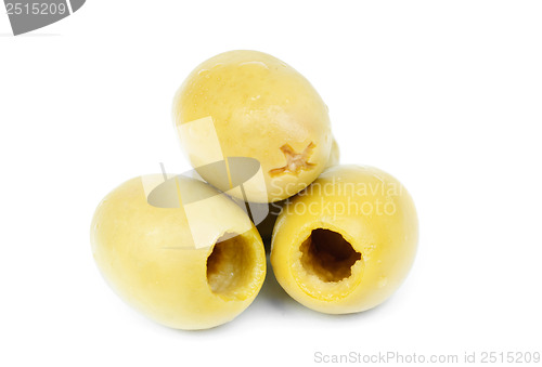 Image of Some  pitted olives isolated on the white background 