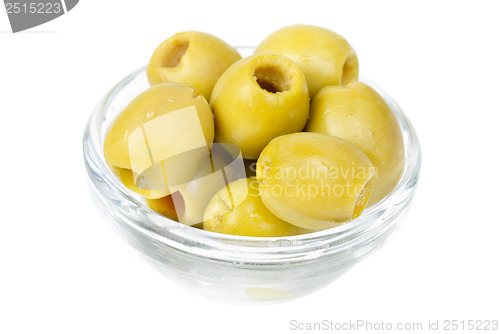 Image of pitted olives in glass isolated on the white background 