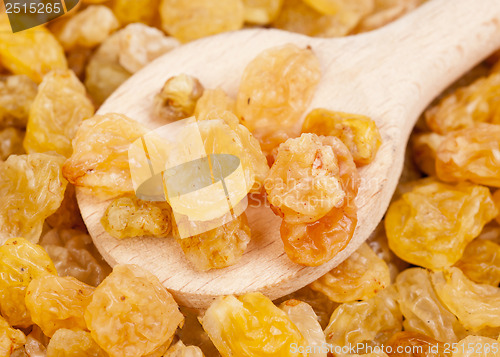 Image of Golden raisins close- up and wooden spoon, food background