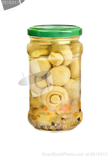 Image of Marinated mushrooms in the glass jar isolated on white