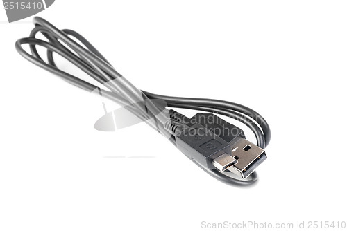 Image of Black computer microusb cables on white background 