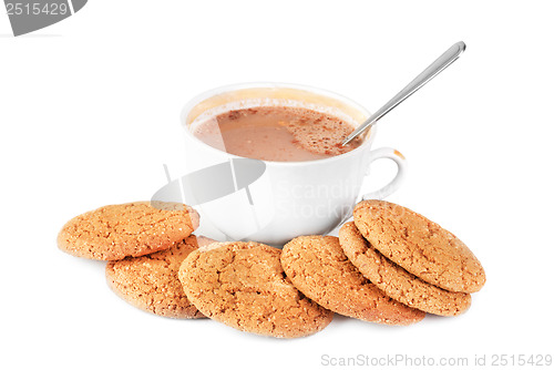 Image of Cocoa in a cup and oatmeal cookies isolated on a white
