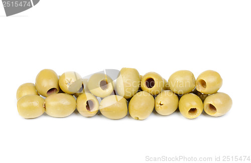 Image of pile  pitted olives isolated on the white background 