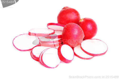Image of Fresh slised and whole radish isolated on white 