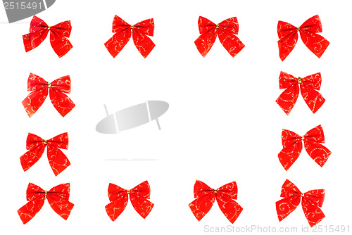 Image of 12   of red ribbons  as  frame isolation  on white
