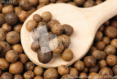 Image of Background texture of whole allspice(jamaica pepper) with wooden  spoon Used as a spice in cuisines all over the world. Also used in medicine. 