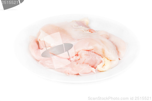 Image of chicken meat sliced in  plate isolated  on  white background