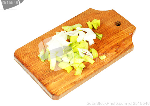 Image of Fresh leek on  cutting board isolation on white background