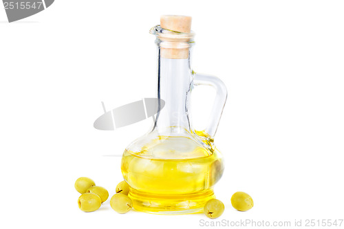 Image of olives and a small decanter of olive oil isolated on white 