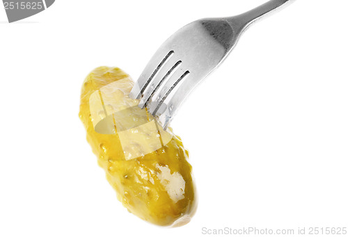 Image of Marinated cornichon on the fork isolated on the white background 