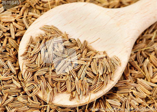 Image of cumin seeds and wooden spoon as background 