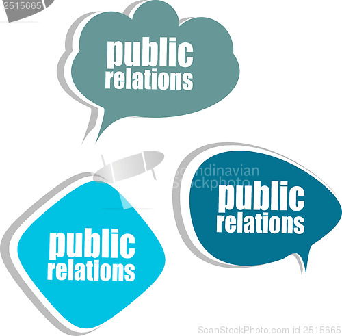Image of public relations word on modern banner design template. set of stickers, labels, tags, clouds