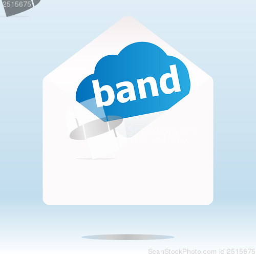 Image of band word on blue cloud, paper mail envelope
