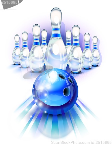 Image of Blue bowling ball in motion and the pins