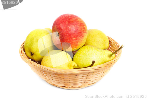Image of pears and apples in a basket on a white background