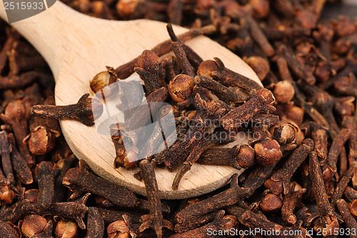 Image of Cloves (spice) and wooden spoon close-up food background 