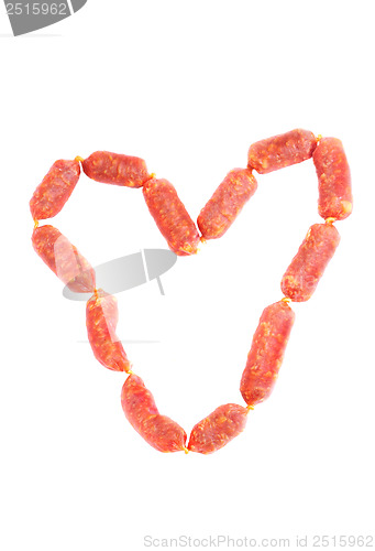 Image of heart shape salami sausage  on  white background  