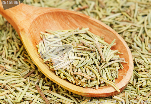 Image of rosemary in wooden spoon and over as background 