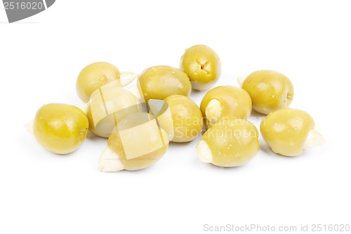 Image of Green olives stuffed with almonds  isolated on white  background