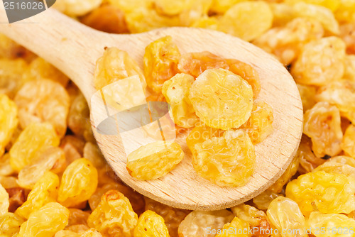 Image of Golden raisins close- up and wooden spoon, food background 