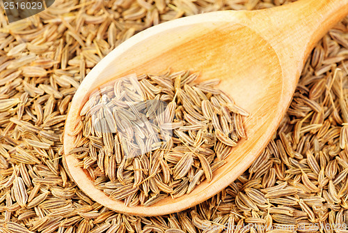 Image of cumin seeds macro and  wooden spoon as background 