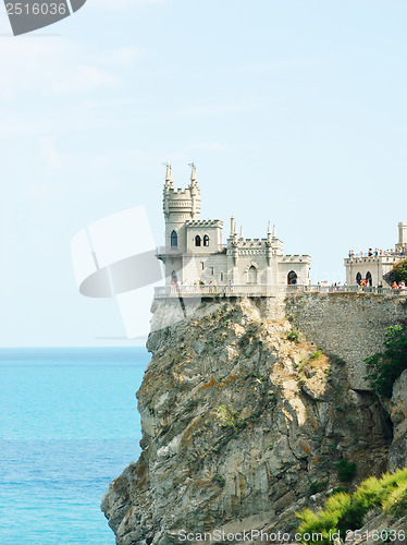 Image of Swallow's Nest Castle tower, Crimea, Ukraine, with blue sky and sea on background 