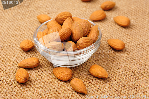 Image of Dried almonds on glass bowl on canvas background 