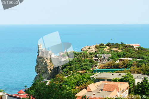 Image of Swallow's Nest Castle tower, Crimea, Ukraine, with blue sky and sea on background 