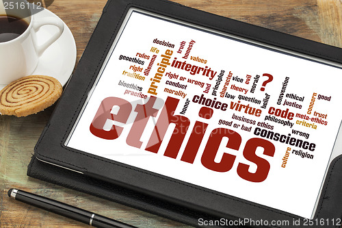 Image of ethics word cloud on digital tablet