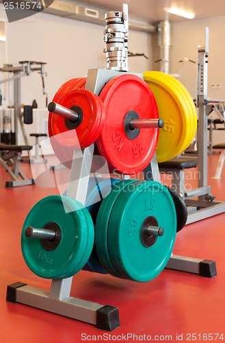 Image of plates for strength training on the stand