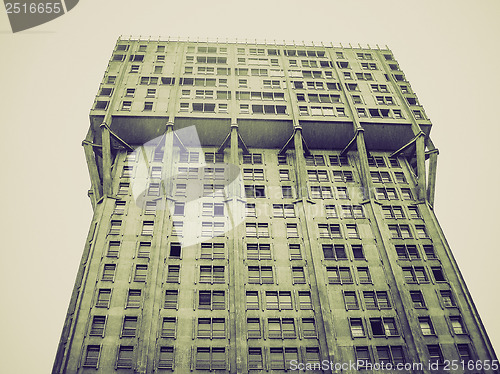 Image of Vintage sepia Torre Velasca brutalist architecture Milan