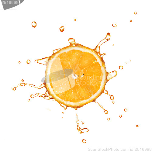 Image of Slice of orange with juice splash isolated on white