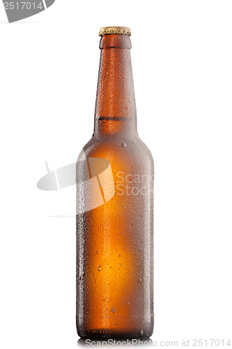 Image of Beer bottle with water drops and frost isolated on white