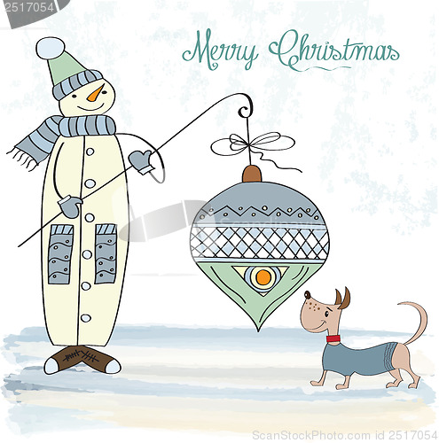 Image of snowman with big Christmas ball