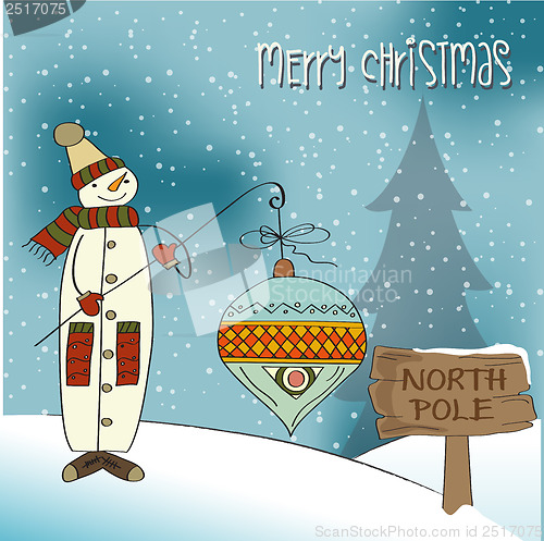 Image of snowman with big Christmas ball