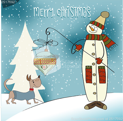 Image of snowman with big Christmas ball