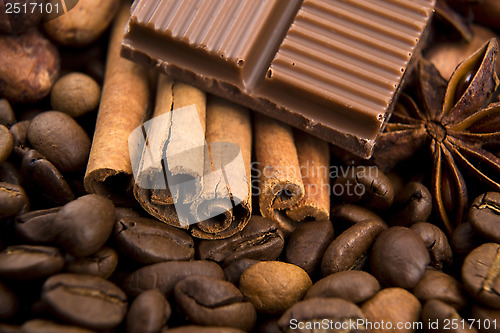 Image of chocolate with coffee beans, spices and cacao
