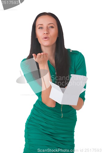 Image of Pretty girl holding white box with gift
