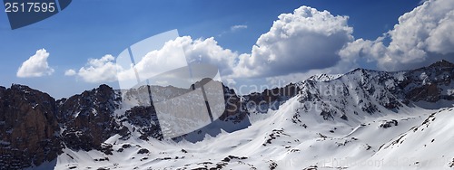 Image of Panorama of snow mountains in sunny day