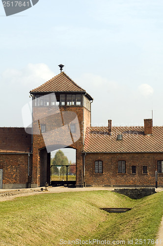 Image of infamous iconic train entry gate building Birkenau German Nazi C