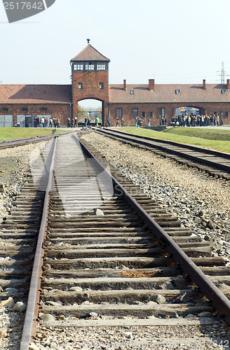 Image of editorial infamous iconic train entry gate building Birkenau Ger