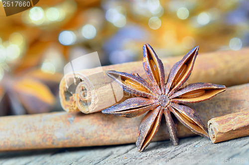 Image of extremely closeup view of anise star and cinnamon sticks