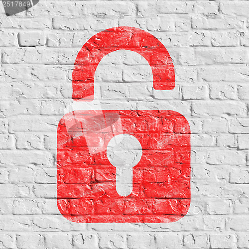 Image of Red Icon of Opened Padlock on White Brick Wall.